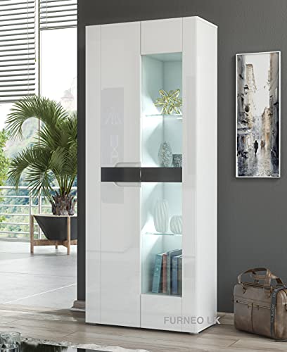Furneo White 2-Door Display Cabinet Cupboard Matt &amp; High Gloss Milano08 White LED Lights