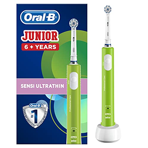 Oral-B Junior Kids Electric Rechargeable Toothbrush for Children Age 6-12, 1 Brush Handle and 1 Sensitive Toothbrush Replacement Head Powered by Braun, Green, UK 2 Pin Plug, Stocking Filler for Kids