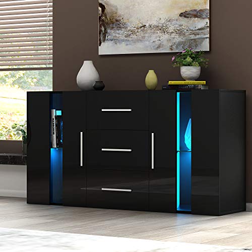 Panana 2 Door &amp; 3 Drawer Modern RGB Lights Sideboard Cabinet, Matt &amp; High Gloss Cupboard Unit Livingroom (Black)