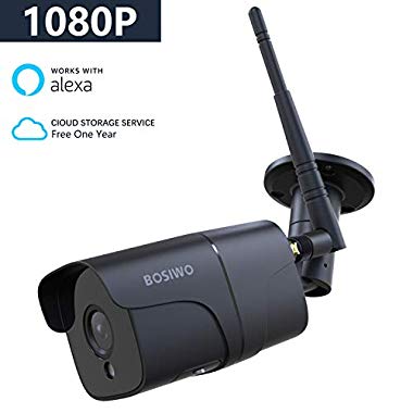 Bosiwo 1080P Outdoor Security Camera, Compatible with Alexa, IP66 Waterproof WiFi Bullet Camera, Wireless IP Camera System with 82ft Night Vision, Motion Detection and Cloud Service (Black)