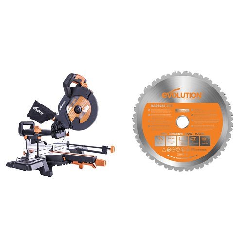 Evolution Power Tools R255-SMS+ Multi-Material Sliding Mitre Saw with Plus Pack,255 mm (with RAGE Multi-Purpose Carbide-Tipped Blade,255 mm)