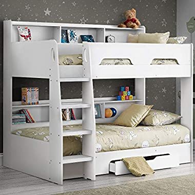 Happy Beds Wooden Bunk Bed with Underbed Storage Drawer, Orion White Wood Modern Twin Sleeper - 3ft Single (Frame Only)
