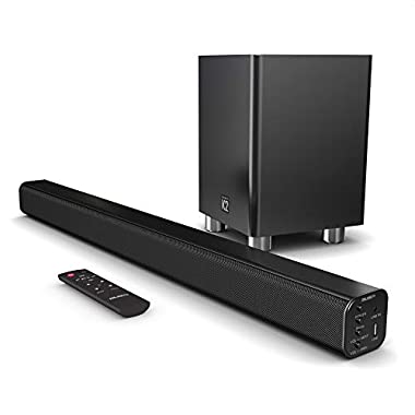 Majority K2 150W Soundbar Surround Sound System - Wireless Subwoofer - Bluetooth - HDMI ARC - Large Remote Control - AUX - USB - FM Radio - Optical Input - includes RCA + HDMI cables (Black)