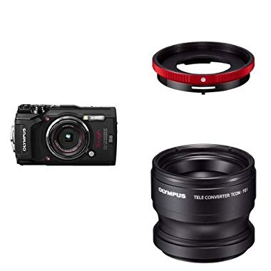 Olympus Tough TG-5 Digital Non-SLR Camera, Red with Teleconverter and Converter Lens