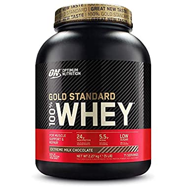 Optimum Nutrition Gold Standard Whey Muscle Building and Recovery Protein Powder With Glutamine and Amino Acids, Extreme Milk Chocolate, 71 Servings, 2.27 kg, Packaging May Vary