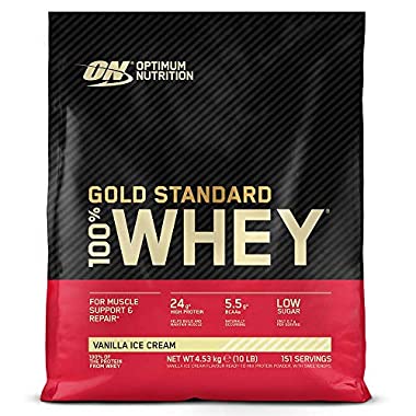 Optimum Nutrition Gold Standard Whey Protein Powder Muscle Building Supplements With Glutamine and Amino Acids, Vanilla Ice Cream, 151 Servings, 4.53 kg, Packaging May Vary