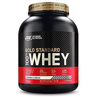 Optimum Nutrition Gold Standard Whey Protein Powder Muscle Building Supplements With Glutamine and Amino Acids, Cookies and Cream, 71 Servings, 2.27 kg, Packaging May Vary
