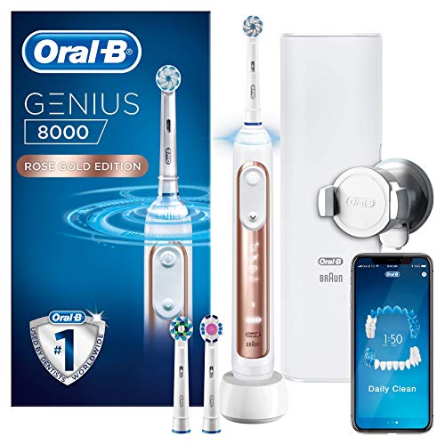 Oral-B Genius 8000 Electric Toothbrush Rechargeable Powered By Braun, 1 Rosegold Connected Handle, 5 Modes Including Whitening, Sensitive & Gum Care, 3 Toothbrush Heads, 1 Travel Case, 2 Pin UK Plug