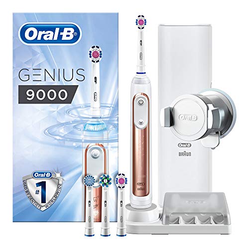 Oral-B Genius 9000 3D White Electric Toothbrush,1 Rose Gold App Connected Handle,6 Modes with Whitening, Gum Care, Pressure Sensor,4 Toothbrush Heads, USB Travel Case,2 Pin UK Plug