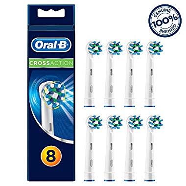 Oral-B Genuine CrossAction Replacement White Toothbrush Heads, Refills for Electric Toothbrush, Angled Bristles for up to 100 Percent More Plaque Removal, Mailbox Size, Pack of 8