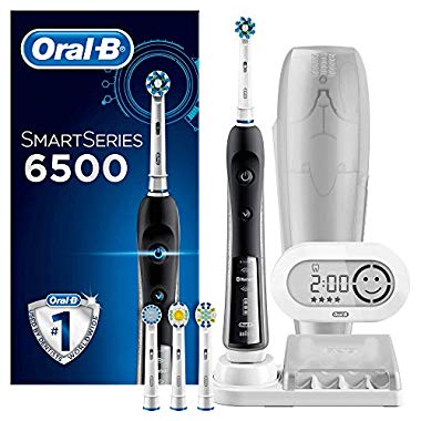 Oral-B SmartSeries 6500 CrossAction Electric Toothbrush,1 Black App Connected Handle,5 Modes with Whitening and Gum Care, Pressure Sensor,4 Toothbrush Heads, Plastic Travel Case, UK 2 pin plug