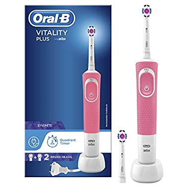 Oral-B Vitality Plus 3D White Electric Rechargeable Toothbrush, 1 Pink Handle, 2 Brush Heads, UK 2 Pin Plug