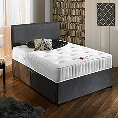 Sleep Factory Ltd New Charcoal Grey Luxury Suede Divan Bed Set With Orthopaedic Tufted Mattress With 2 Free Drawers & FREE Headboard 3FT Single Size (Twin)