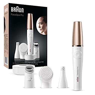 Braun FaceSpa Face Epilator, Hair Removal with Facial Cleansing Brush Head, Toning Head & Charger Stand, Wet & Dry, SE911, White/Bronze