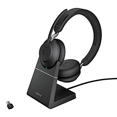 Jabra Evolve2 65 Wireless PC Headset with Charging Stand - Noise Cancelling UC Certified Stereo Headphones With Long-Lasting Battery - USB-C Bluetooth Adapter - Black