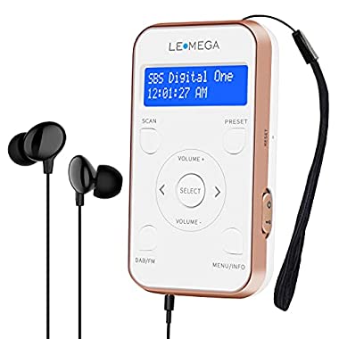 LEMEGA PR1 Pocket DAB/DAB+Digital Radio, Portable Personal Mini DAB Sports Radio with Earphone, Rechargeable Battery with 10hr Playtime,20 Station Presets-Champagne (White + Rose gold)