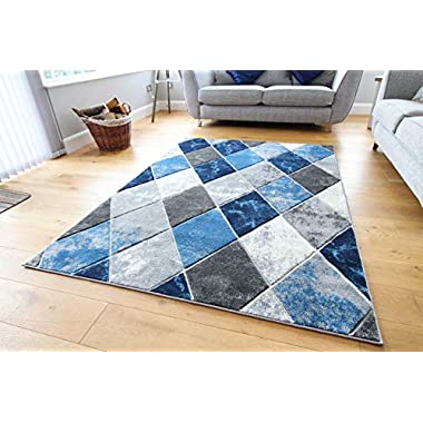Modern Carved Diamonds Marble Design Small Large Navy Blue Silver Grey Thick Floor Long Carpet Rugs (120x170cm)