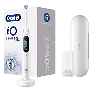 Oral-B iO Series 8 Electric Toothbrush/Electric Toothbrush, 6 Cleaning Modes for Dental Care, Magnetic Technology, Colour Display & Travel Case, Gift Man / Women, White Alabaster