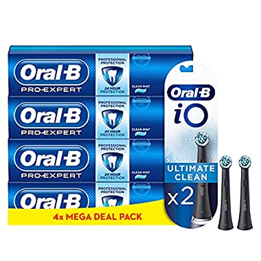 Oral-B iO Ultimate Clean Black Toothbrush Heads, Pack of 2 Counts + Oral-B Pro-Expert Professional Protection Toothpaste, Pack of 4 Tubes of 125 ml, Shipped in Eco-Friendly Recycled Carton