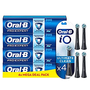 Oral-B iO Ultimate Clean Black Toothbrush Heads, Pack of 4 Counts + Oral-B Pro-Expert Professional Protection Toothpaste, Pack of 4 Tubes of 125 ml, Shipped in Eco-Friendly Recycled Carton