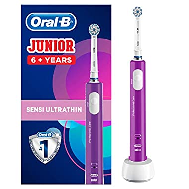 Oral-B Junior Kids Electric Rechargeable Toothbrush for Children Age 6-12, 1 Brush Handle and 1 Sensitive Toothbrush Replacement Head Powered by Braun, Purple, UK 2 Pin Plug, Stocking Filler for Kids