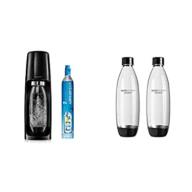 sodastream Spirit Sparkling Water Maker black with 1 l bottle & 60 l CO2 cylinder - refillable & Twinpack Fuse Carbonating Bottles 1 l black for Sparkling Water Maker