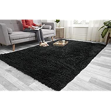 Super Soft FLUFFY Shaggy Rug Anti-Slip Carpet Mat Living Room Large Area Rugs Modern Floor Bedroom Extra Large Size Non Shedding (Black, 120cm x 170cm (4ft x 5.6ft))