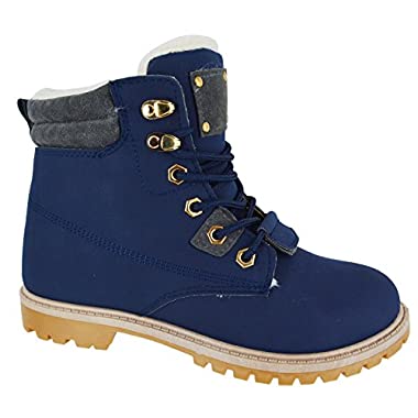 Womens Ladies Flat Fur Lined Grip Sole Winter Army Combat Ankle Boots Shoes Size (Navy 3, 4 UK)